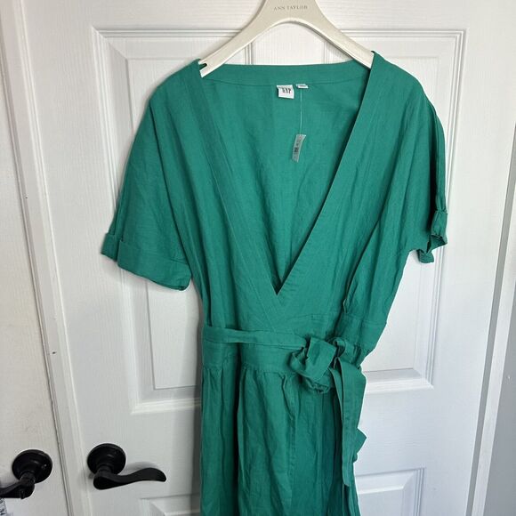 Gap Womens Size 6 Turquoise Linen Cotton Wrap Midi Dress Short Sleeve New - Picture 5 of 10